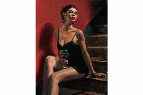 Fabian Perez Girl with Red at Stairs Red Wall